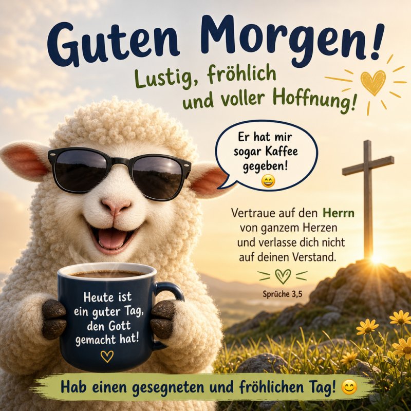 Ein lächelndes Schaf hält eine Kaffeetasse vor einem sonnigen Hintergrund mit Kreuz und Blumen, ein humorvoller Guten-Morgen-Gruß für einen fröhlichen Start.