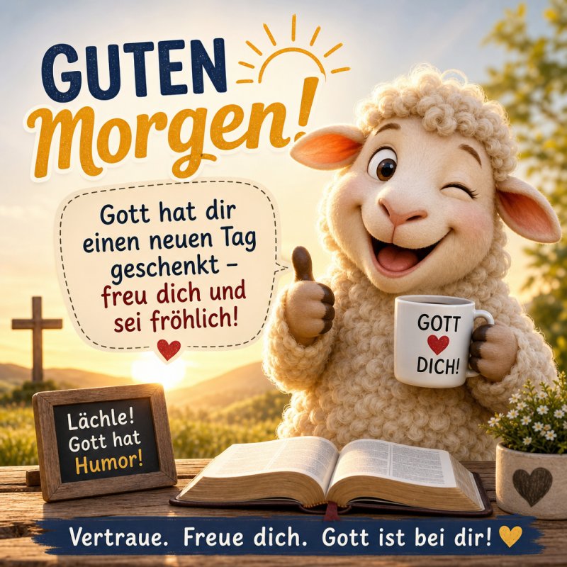 Ein fröhliches Schaf mit Kaffeetasse und Blume begrüßt den Betrachter mit einem lustigen Guten-Morgen-Gruß vor einem sonnigen Hintergrund.