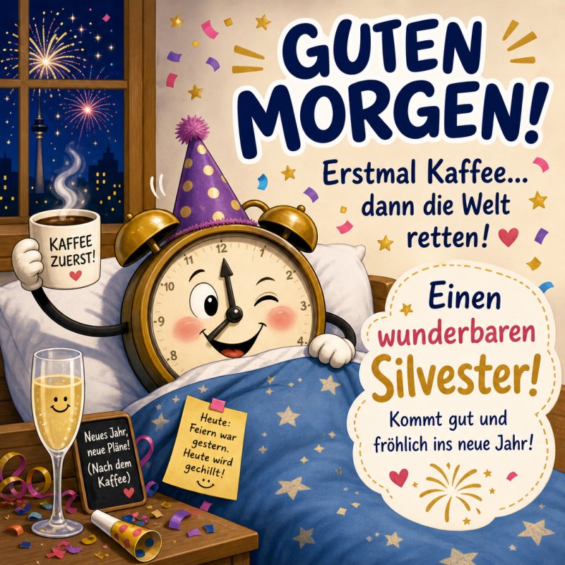 Ein fröhlicher Wecker mit Partyhut und Kaffee wünscht einen Guten-Morgen-Gruß zu Silvester, umgeben von Sekt, Konfetti und Feuerwerk.