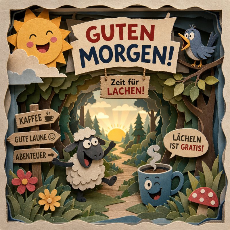 Ein fröhlicher Guten-Morgen-Gruß mit einem lächelnden Schaf, Tasse und Sonne in einem bunten Wald voller humorvoller Details.