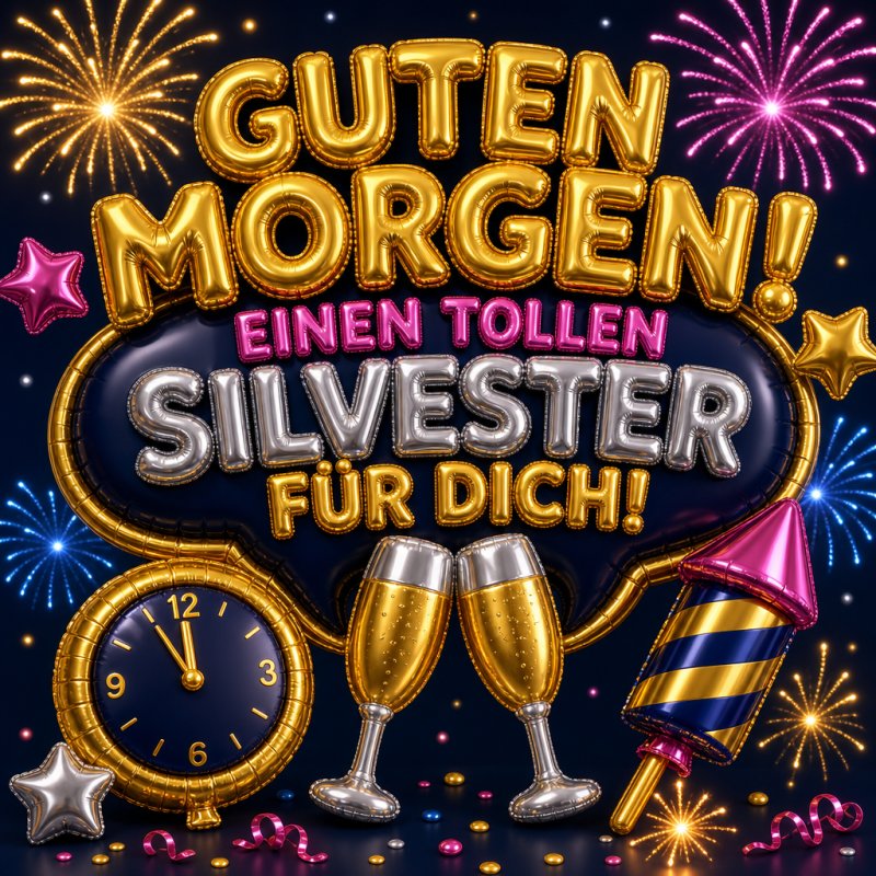 Ein bunter Guten-Morgen-Gruß mit Feuerwerk, Luftballons, Sektgläsern und einer Uhr, um Silvester und das neue Jahr zu feiern.