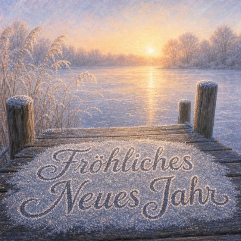 Ein Guten-Morgen-Gruß am winterlichen Dock: Eine zarte Pastellzeichnung zeigt eine frostbedeckte Holzplattform am gefrorenen See unter sanftem Morgenlicht.