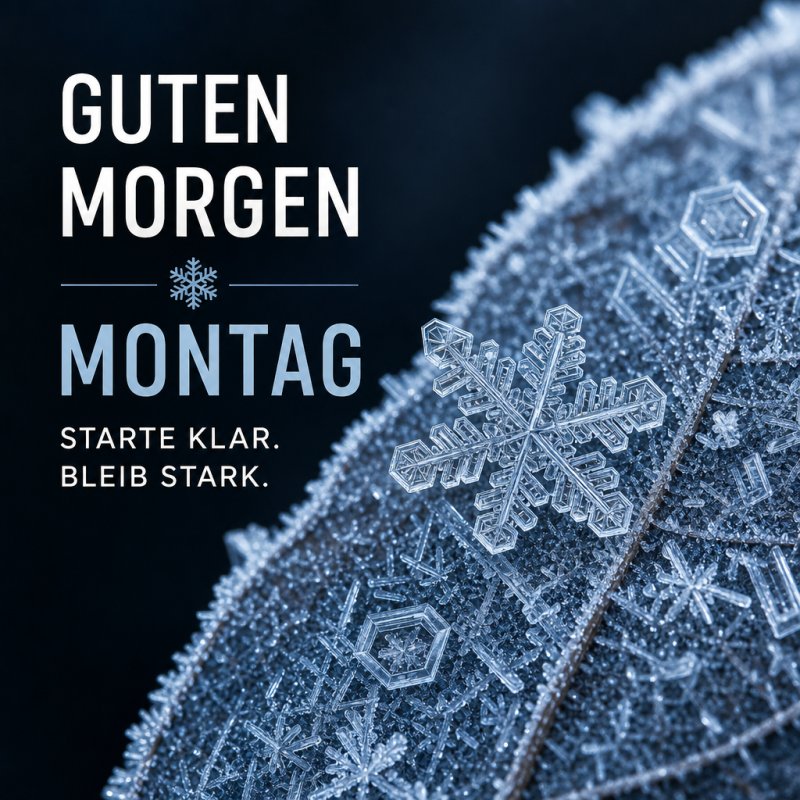 Ein Blatt mit frostigen Schneeflocken in Nahaufnahme als Guten-Morgen-Gruß für Montag, vermittelt eine klare und starke Morgenstimmung.