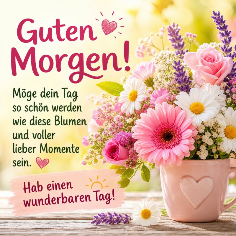 Ein fröhlicher Guten-Morgen-Gruß mit einem Blumenstrauß aus rosa Gerbera, Margeriten und Lavendel in einer Herz-Tasse, umgeben von sanftem Sonnenlicht.