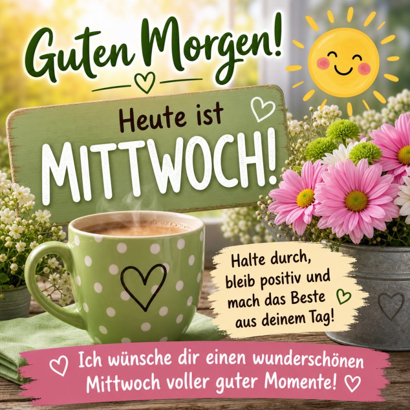 Eine Guten-Morgen-Grußkarte mit grüner Kaffeetasse, blühenden Blumen und Sonnenschein vermittelt einen positiven Start in den Mittwoch.