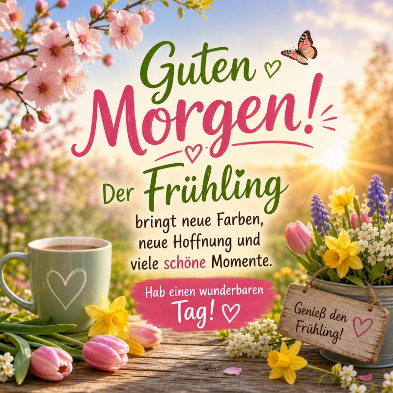 Ein fröhlicher Guten-Morgen-Gruß mit blühenden Frühlingsblumen, einer Tasse Kaffee und einem sonnigen Hintergrund, der Hoffnung und neue Anfänge symbolisiert.