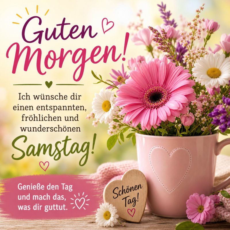 Ein fröhlicher Guten Morgen-Gruß zeigt einen rosa Becher mit Herzmotiv, gefüllt mit bunten Frühlingsblumen, vor einem hellen, blumigen Hintergrund.