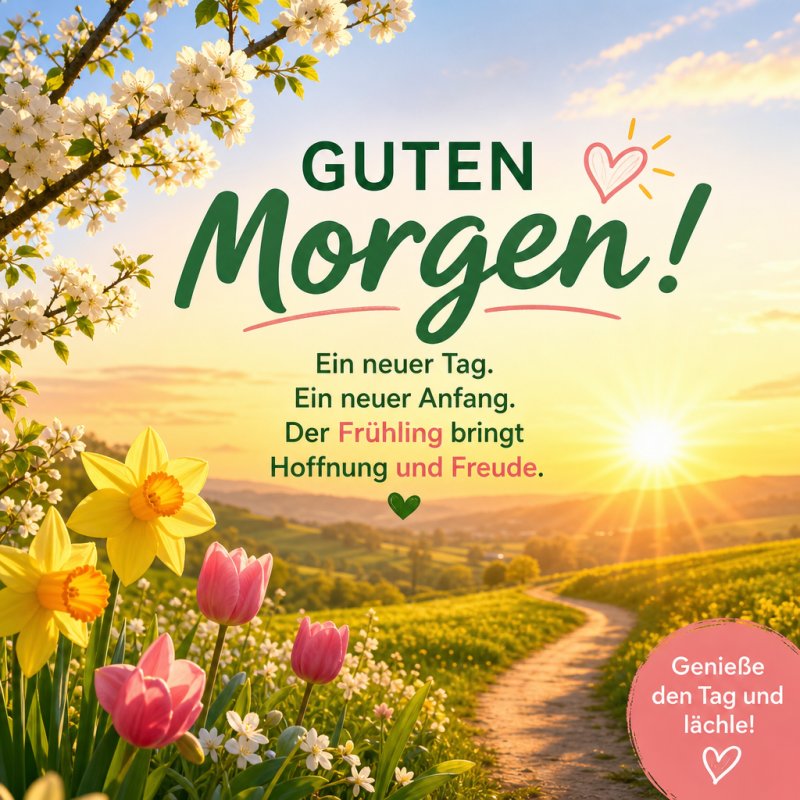 Ein sonniger Frühsommermorgen mit blühenden Tulpen und Narzissen auf einer Wiese und einem fröhlichen Guten-Morgen-Gruß im Vordergrund.