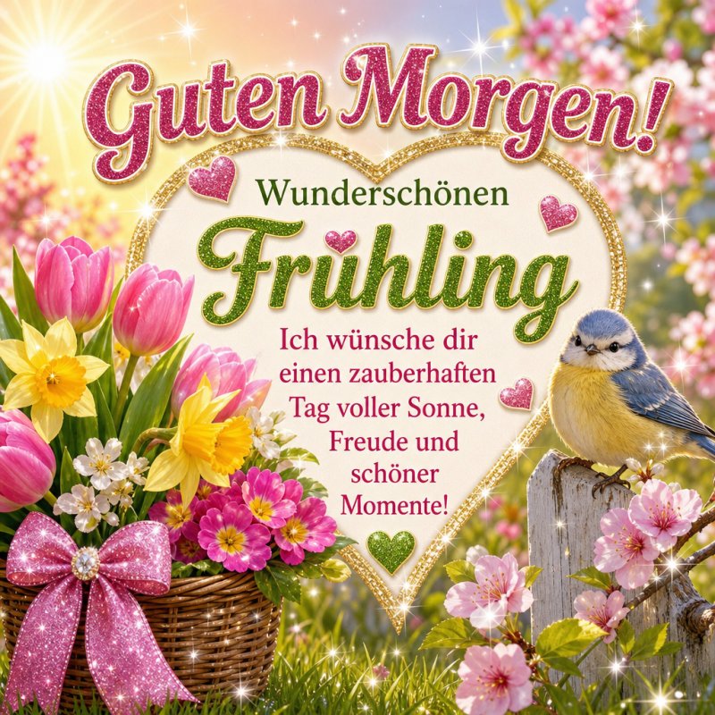 Ein fröhlicher Guten-Morgen-Gruß mit bunten Frühlingsblumen, einem zauberhaftem Vogel und einem herzlichen Schriftzug für einen sonnigen Tag.