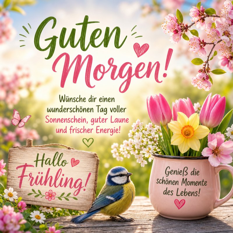 Ein farbenfroher Guten-Morgen-Gruß mit blühenden Tulpen und Narzissen in einem rosa Becher und einem kleinen Vogel auf einem Holzbrett mit blauen Blumen.