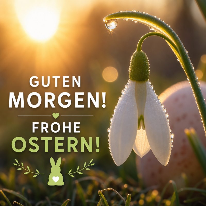 Ein Schneeglöckchen mit Tau vor einem sonnigen Hintergrund repräsentiert einen freudigen Guten-Morgen-Gruß zu Ostern.