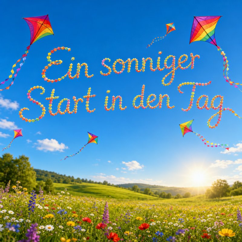 Ein sanft beleuchtetes Stillleben-Foto mit bunten Drachen fliegt über ein Blumenfeld. Die Drachenschwänze formen einen vorfreudigen Guten-Morgen-Gruß am klaren Himmel.