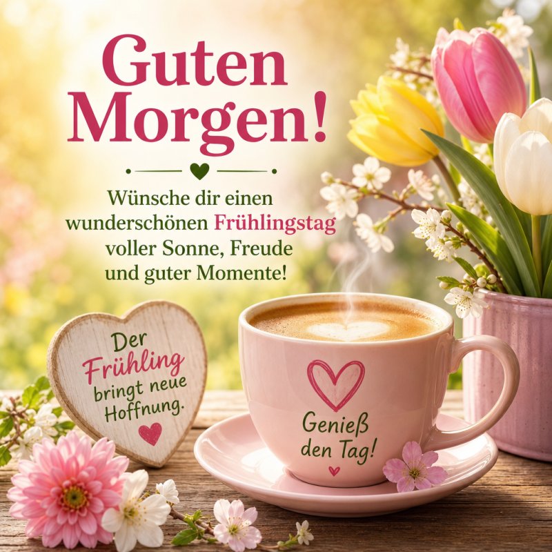 Ein herzförmiger Holzaufsteller und eine Tasse Kaffee mit Herzmotiv umgeben von rosa und gelben Blumen vermitteln einen Guten-Morgen-Gruß im Frühling.