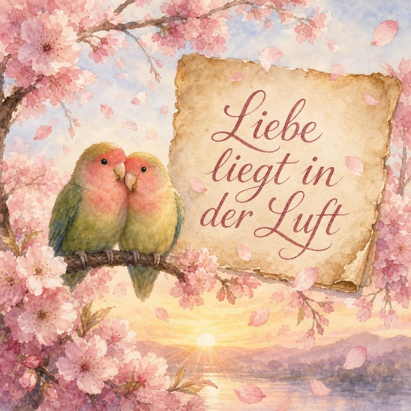 Ein Guten-Morgen-Gruß als luftiges Aquarell: zwei verliebte Vögel auf einem blühenden Kirschbaumzweig in zartem Frühlingslicht.