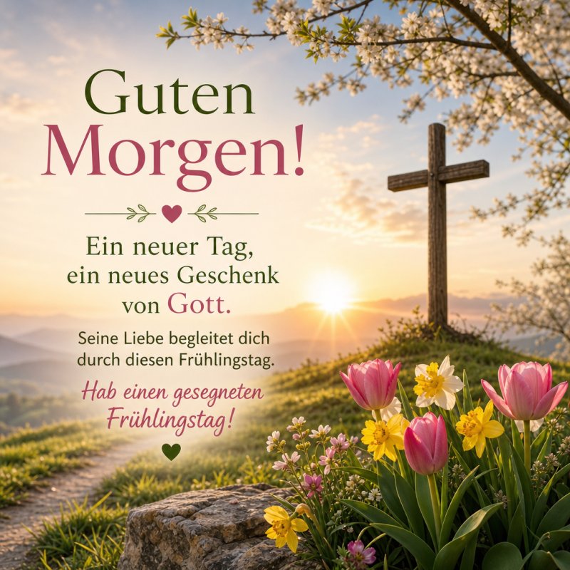 Ein strahlender Guten-Morgen-Gruß mit blühenden Frühlingsblumen im Vordergrund und einem malerischen Sonnenaufgang über einer grünen Landschaft.