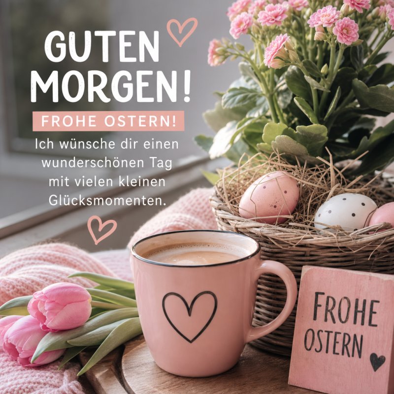 Ein herzlicher Guten-Morgen-Gruß mit einer Tasse Kaffee, rosa Blumen und Ostereiern in einem Nest auf einem Holztisch, dekoriert mit einem Herzmotiv.