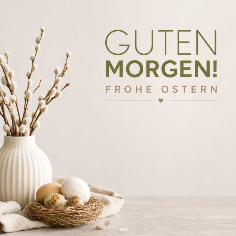 Ein elegantes Osternest mit Eiern und flauschigen Weidenkätzchen in einer Vase begleitet einen stilvollen Guten-Morgen-Gruß auf hellem Hintergrund.