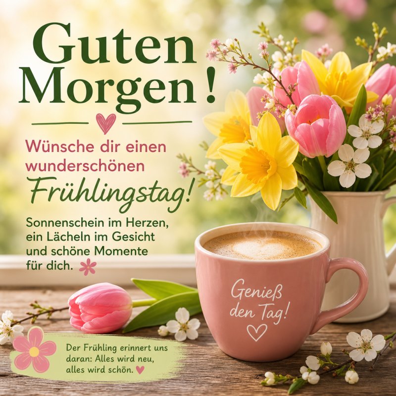 Ein rosafarbener Becher mit Kaffee steht auf einem Tisch umgeben von gelben und weißen Frühlingsblumen als Teil eines Guten-Morgen-Grußes im Frühlingsstil.
