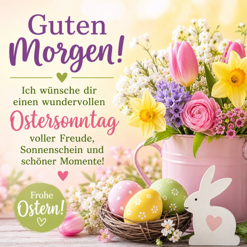 Ein frühlingshaftes Guten-Morgen-Gruß mit bunten Ostereiern in einem Körbchen, rosa Tulpen, gelben Narzissen und einem weißen Osterhasen aus Holz.