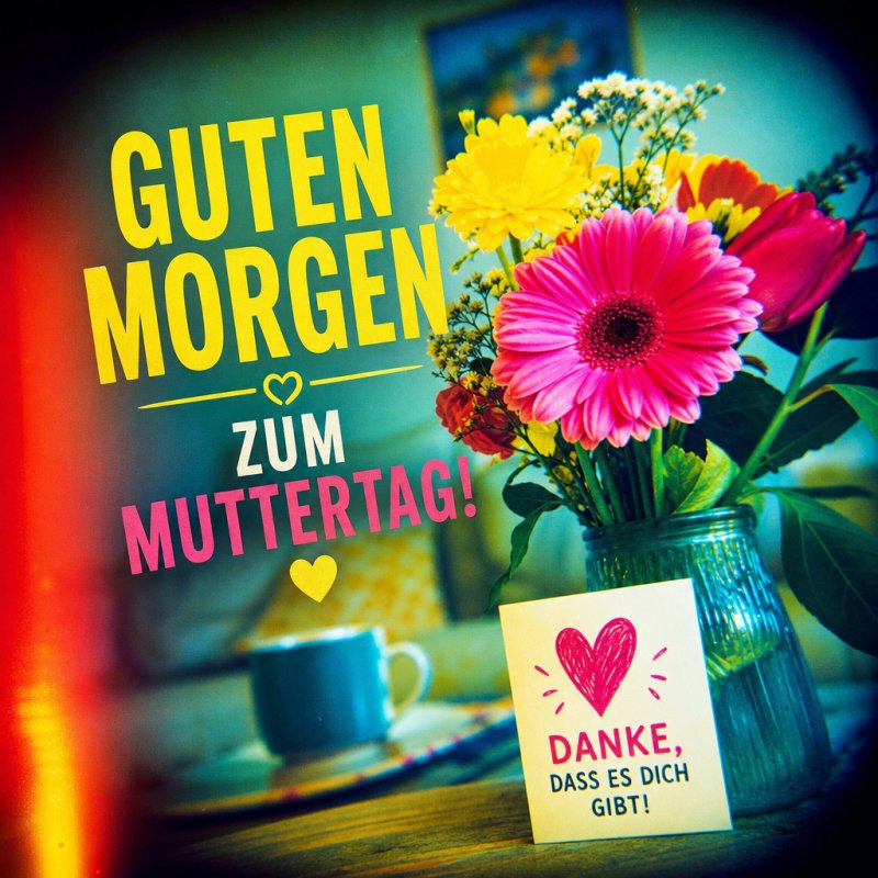 Ein fröhlicher Guten-Morgen-Gruß mit einem Blumenstrauß und einer Karte auf einem Tisch, im Hintergrund eine Tasse und unscharfes Wohnzimmer.