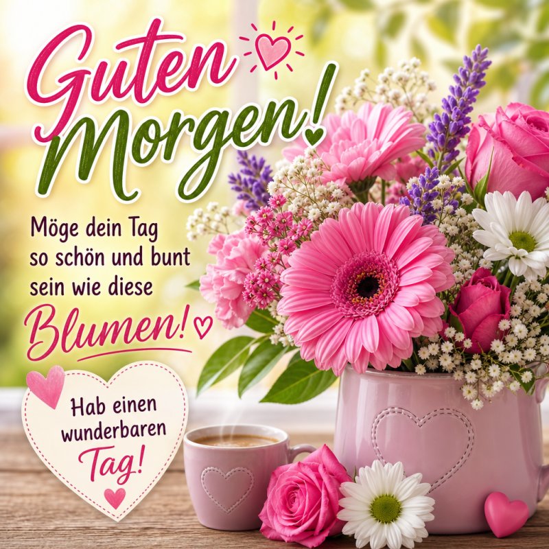 Ein fröhlicher Guten-Morgen-Gruß mit einem Strauß bunter Blumen in einer herzverzierten Vase neben einer Tasse Kaffee.