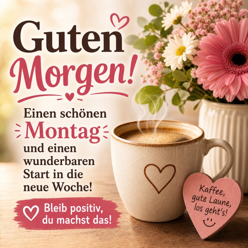Ein Guten-Morgen-Gruß zeigt eine Tasse Kaffee mit Herzmotiv vor einem Blumenstrauß und positiven Worten für einen guten Start in die Woche.