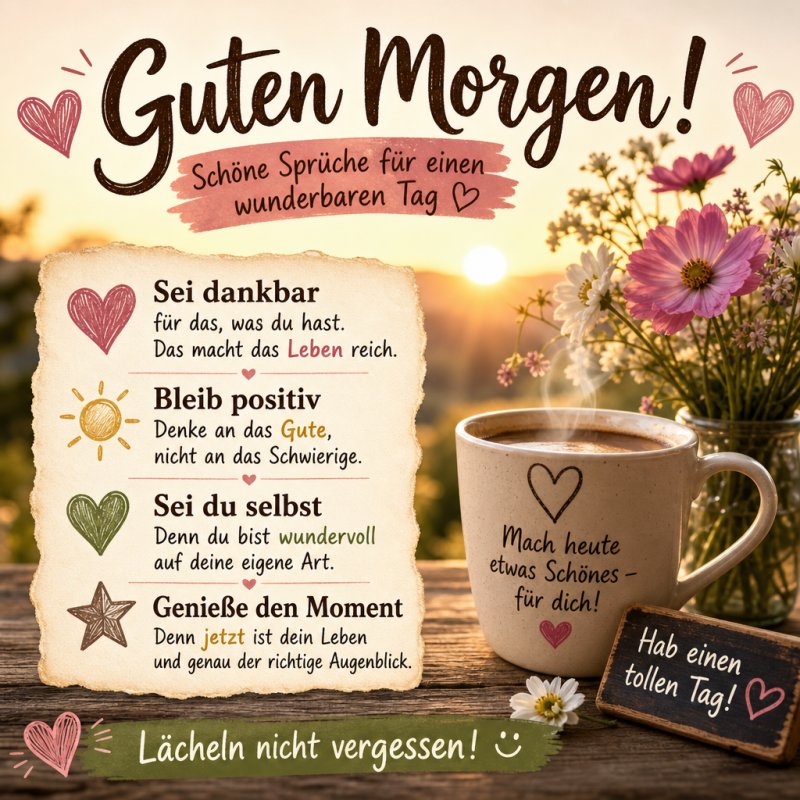 Ein helles Design mit Kaffee, Blumen und inspirierenden Sprüchen vermittelt einen Guten Morgen voller Optimismus und Lebensfreude.