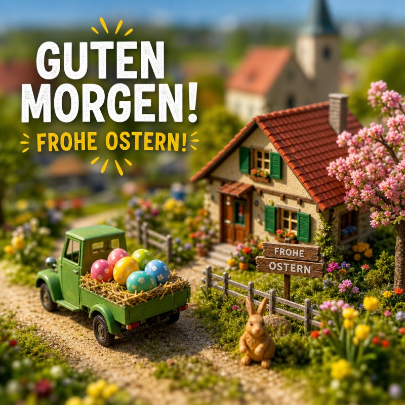 Ein ländliches Dorf mit blühendem Garten, farbigen Ostereiern im Transporter und einem Hasen, vermittelt einen fröhlichen Guten-Morgen-Gruß zu Ostern.