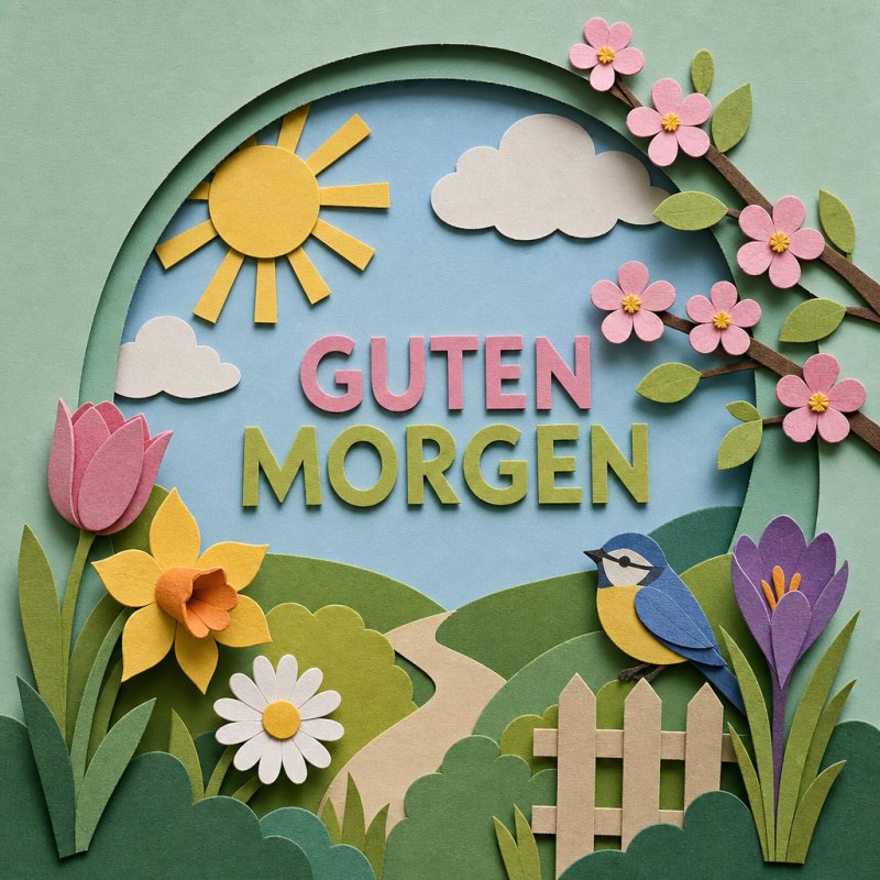 Ein bunter Papercut zeigt eine Frühlingslandschaft mit Blumen, einem Zaunkönig und einem Sonnenaufgang, begleitet von einem fröhlichen Guten-Morgen-Gruß.