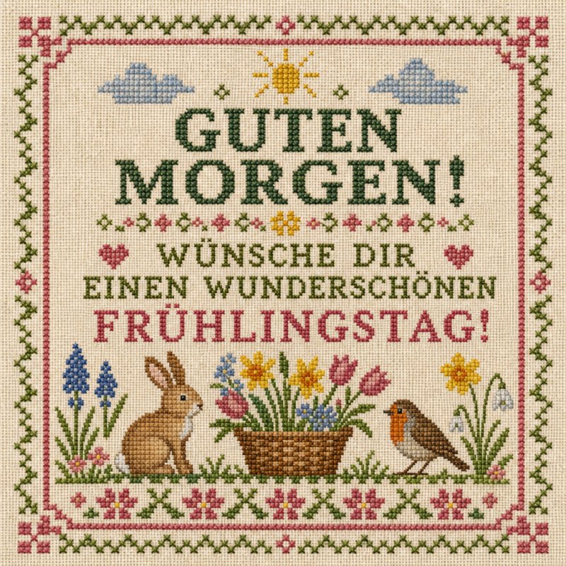 Kreuzstichbild mit einem Hasen, einem Rotkehlchen und einem Korb voller Frühlingsblumen; ein fröhlicher Guten-Morgen-Gruß schmückt das bunte Design.