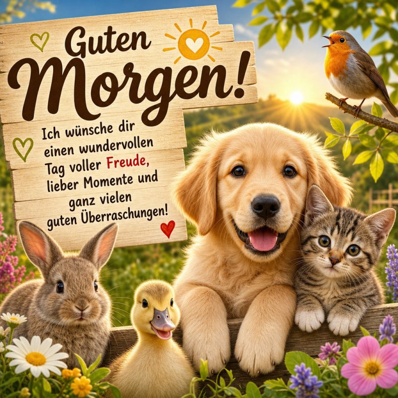 Ein freundlicher Welpe, ein Kätzchen, zwei Kaninchen und ein Entenküken begrüßen den Tag freudig mit einem Guten-Morgen-Gruß auf einer bunten Wiese.