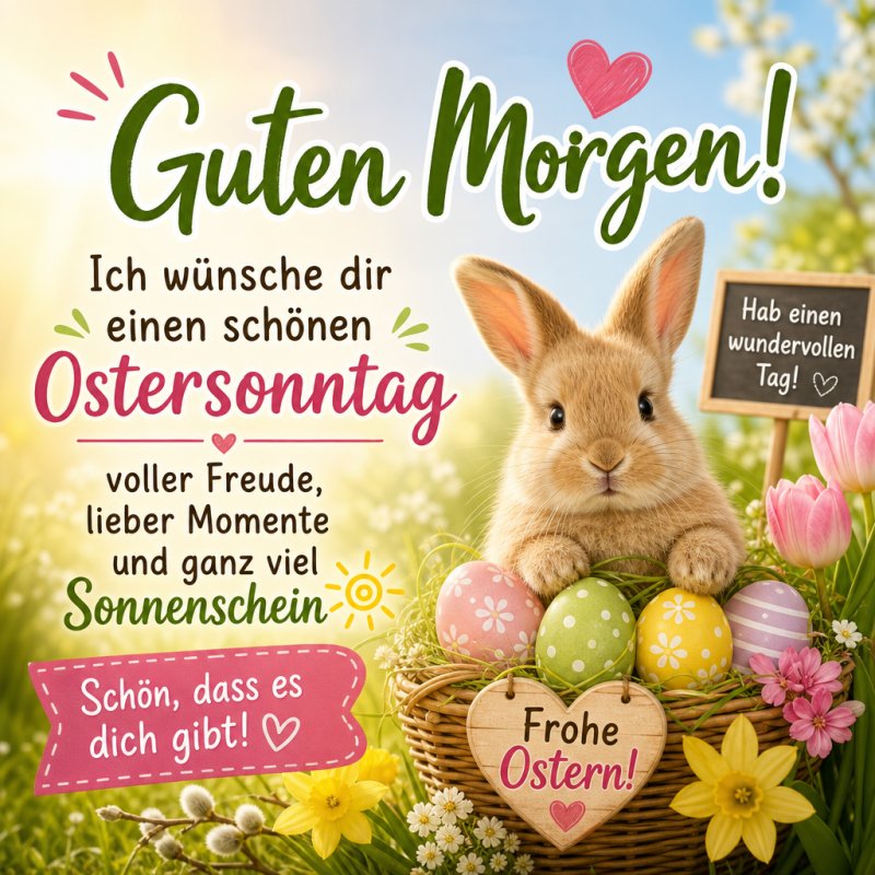 Ein niedlicher Hase sitzt in einem Korb voller bunter Ostereier und Frühlingsblumen, während Grußtexte für einen fröhlichen Guten-Morgen-Gruß sorgen.