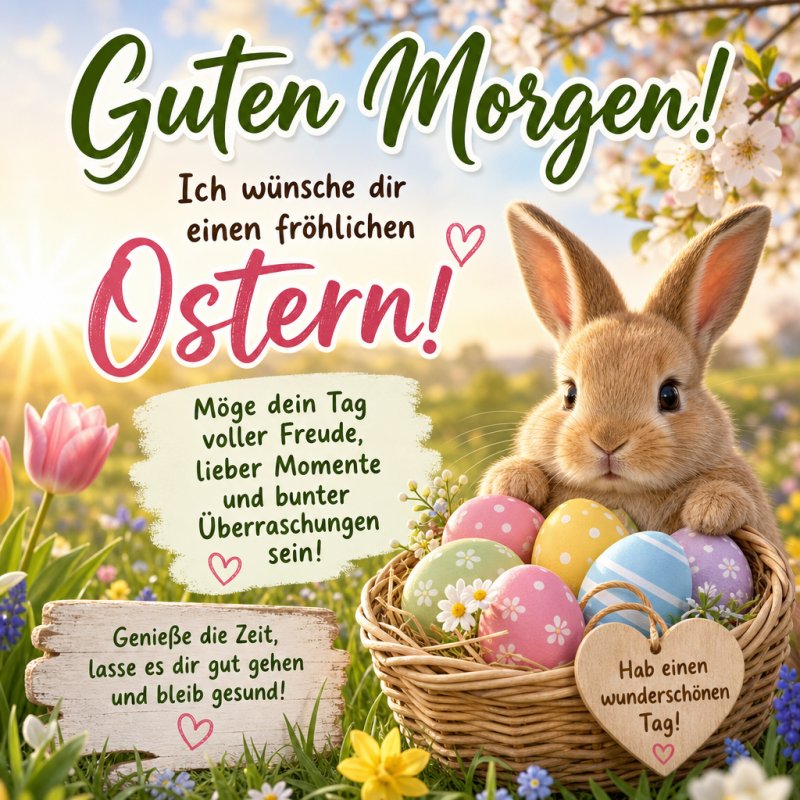 Ein niedlicher Hase sitzt in einem Korb voller bunter Ostereier auf einer Wiese, begleitet von Blumen und Herzen, als fröhlicher Guten-Morgen-Gruß.