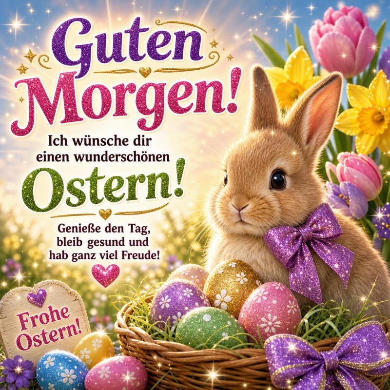 Ein niedlicher Hase mit lila Schleife sitzt in einem Korb voller bunter Ostereier und Blumen neben einem "Guten Morgen" Ostergruß.