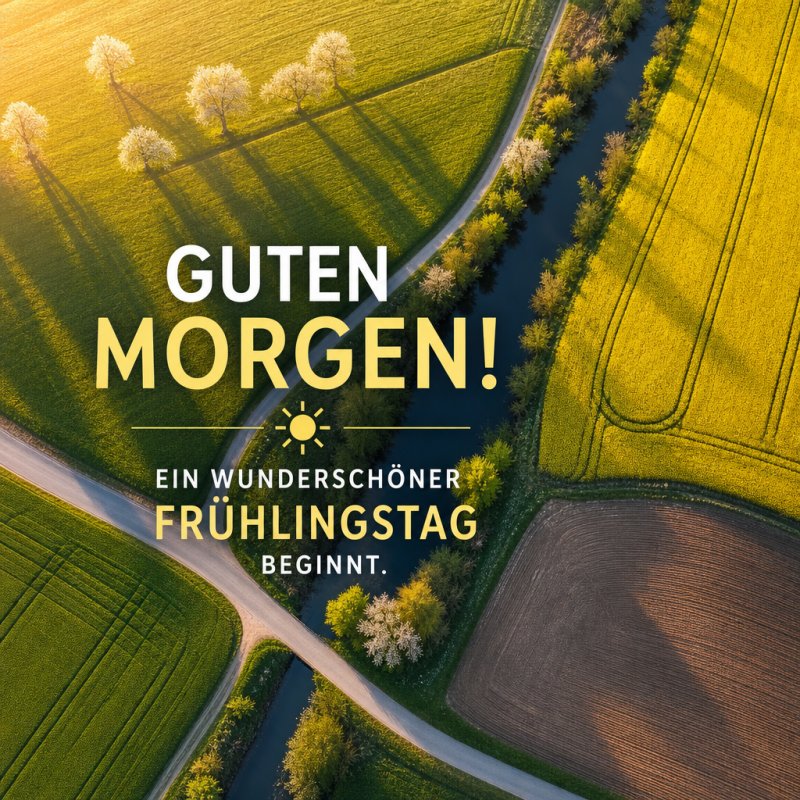 Luftaufnahme einer malerischen Frühlingslandschaft mit blühenden Bäumen an einem Fluss und goldenen Feldern, begleitet von einem herzlichen Guten-Morgen-Gruß.