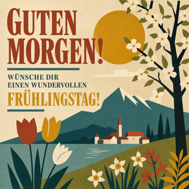 Eine malerische Frühlingslandschaft mit blühenden Bäumen und Tulpen vor einem See und Bergen, begleitet von einem Guten-Morgen-Gruß im Retro-Stil.