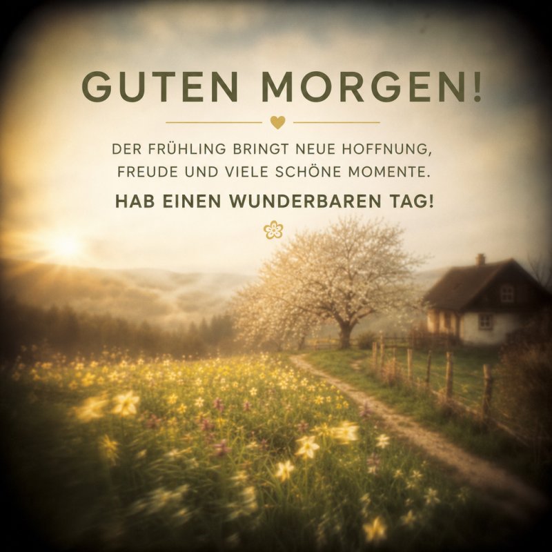 Ein stimmungsvolles Bild mit einem blühenden Kirschbaum und Narzissen auf einer Frühlingswiese bei Sonnenaufgang, als Teil eines Guten-Morgen-Grußes.