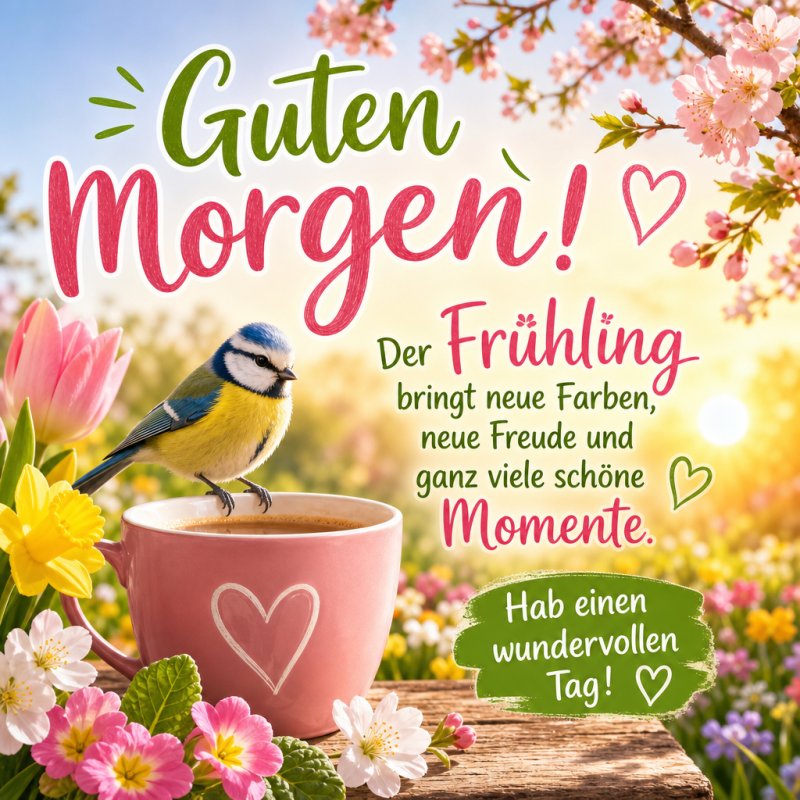 Eine Blaumeise sitzt auf einer rosafarbenen Tasse mit Herz, umgeben von blühenden Frühlingsblumen, als Teil eines fröhlichen Guten-Morgen-Grußes.