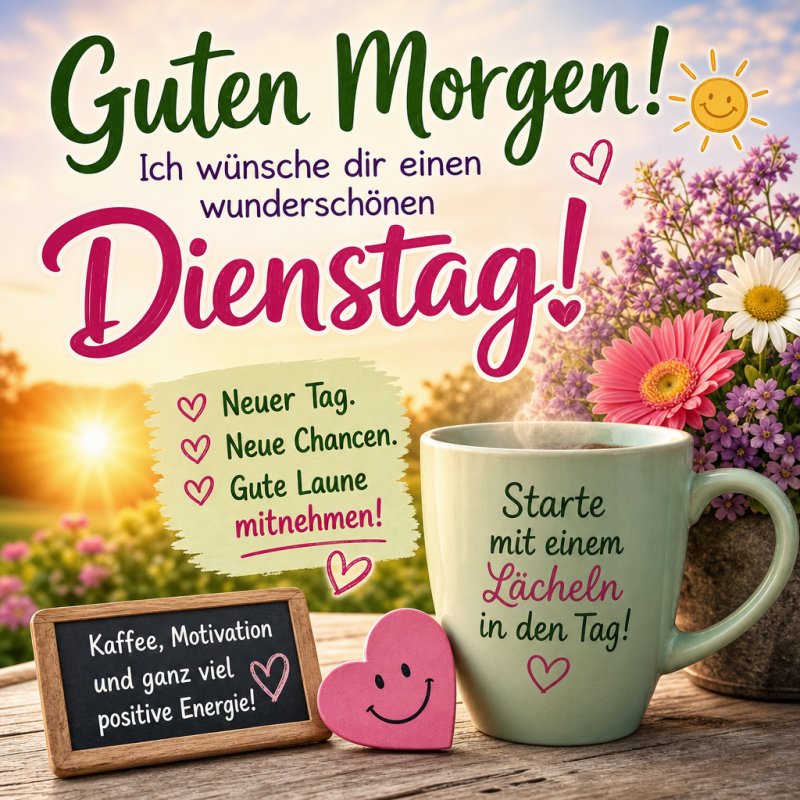 Ein freundlicher Guten-Morgen-Gruß zeigt einen Kaffeebecher und ein Herz auf einem Tisch mit Blumen, umgeben von positiver Stimmung und Sonnenaufgang.