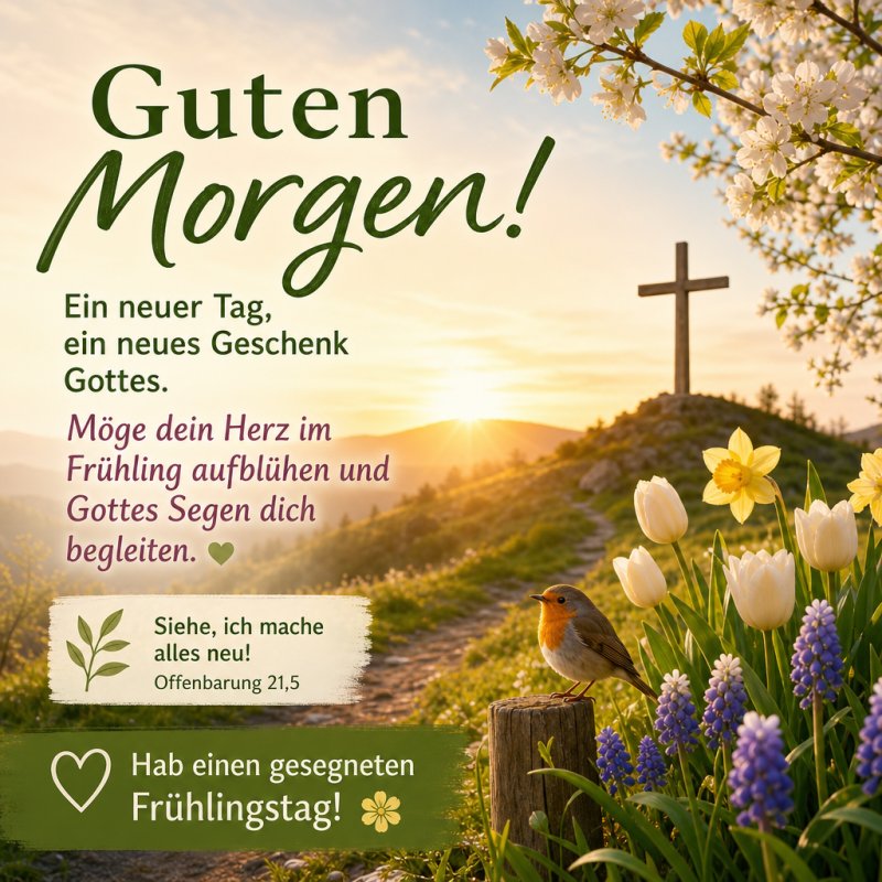 Eine idyllische Frühlingslandschaft mit Blumen, einem Vogel und einem Kreuz im Morgenlicht, begleitet von einem "Guten Morgen" Gruß für einen gesegneten Tag.