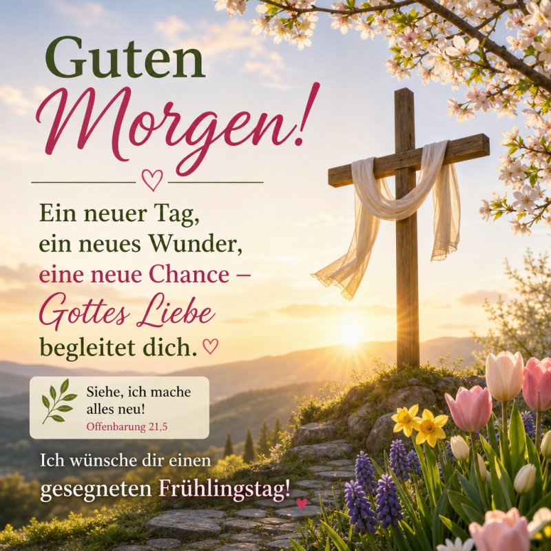 Ein hölzernes Kreuz mit Tuch steht inmitten von Frühlingsblumen und blühenden Bäumen vor einem Sonnenaufgang, begleitet von einem Guten-Morgen-Gruß.