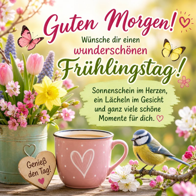 Ein fröhlicher Guten-Morgen-Gruß mit einer rosa Tasse, bunten Blumen, einem Vogel und Schmetterlingen auf einem Tisch im Frühlingslicht.