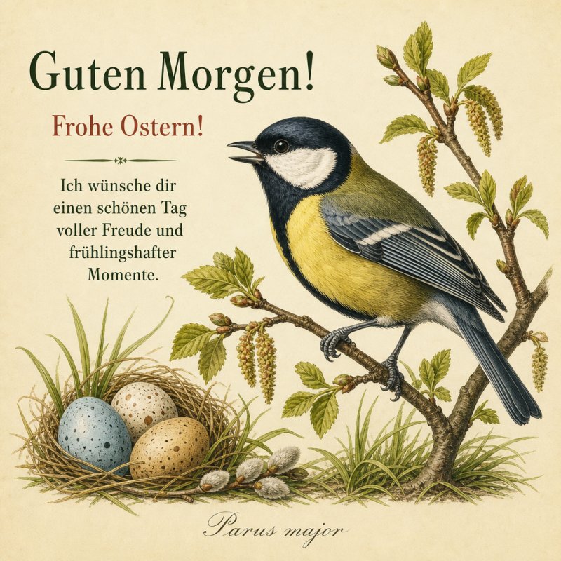 Ein bunter Meise sitzt auf einem Zweig neben Ostereiern; ein eleganter Guten-Morgen-Gruß mit frühlingshafter Stimmung zur Osterzeit.