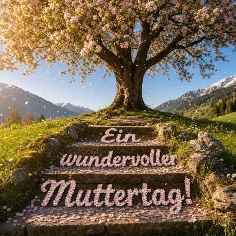 Ein Apfelbaum in voller Blüte im Morgenlicht, mit einem Guten-Morgen-Gruß aus zarten Blütenblättern auf steinernen Stufen. Die Szenerie strahlt Ruhe und Liebe aus.