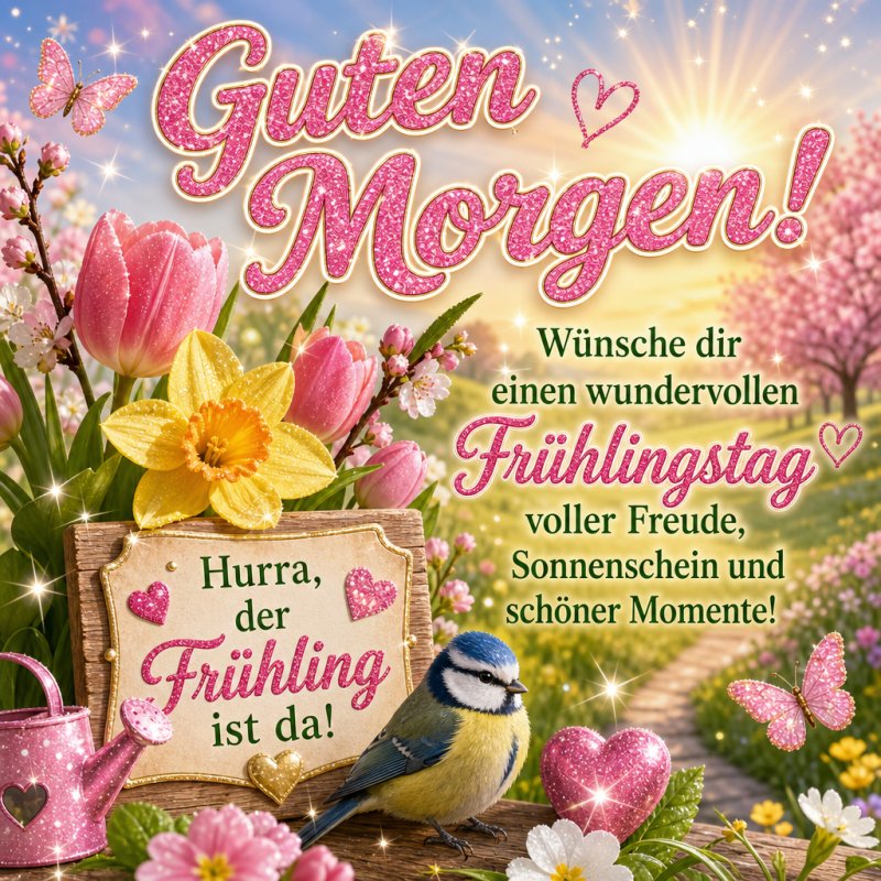 Ein farbenfroher Guten-Morgen-Gruß zeigt Blüten, eine Blaumeise und Herzmotive in einer sonnigen Frühlingslandschaft mit funkelndem Text.