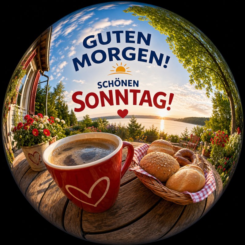 Ein roter Becher Kaffee und Brötchen auf einem Tisch mit Seeblick bei Sonnenschein vermitteln einen warmen Guten-Morgen-Gruß am Sonntag.