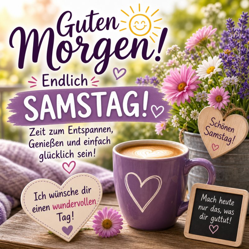Ein lila Kaffeetasse mit Herzmotiv steht auf einem Tisch, umgeben von Blüten und Holzhäusern mit Aufschriften für einen Guten-Morgen-Gruß am Samstag.