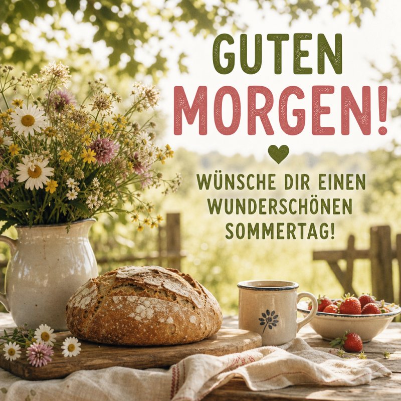 Ein rustikaler Tisch im Freien mit Blumenstrauß, Brot und Kaffee vermittelt einen freundlichen Guten-Morgen-Gruß an einem sonnigen Sommertag.