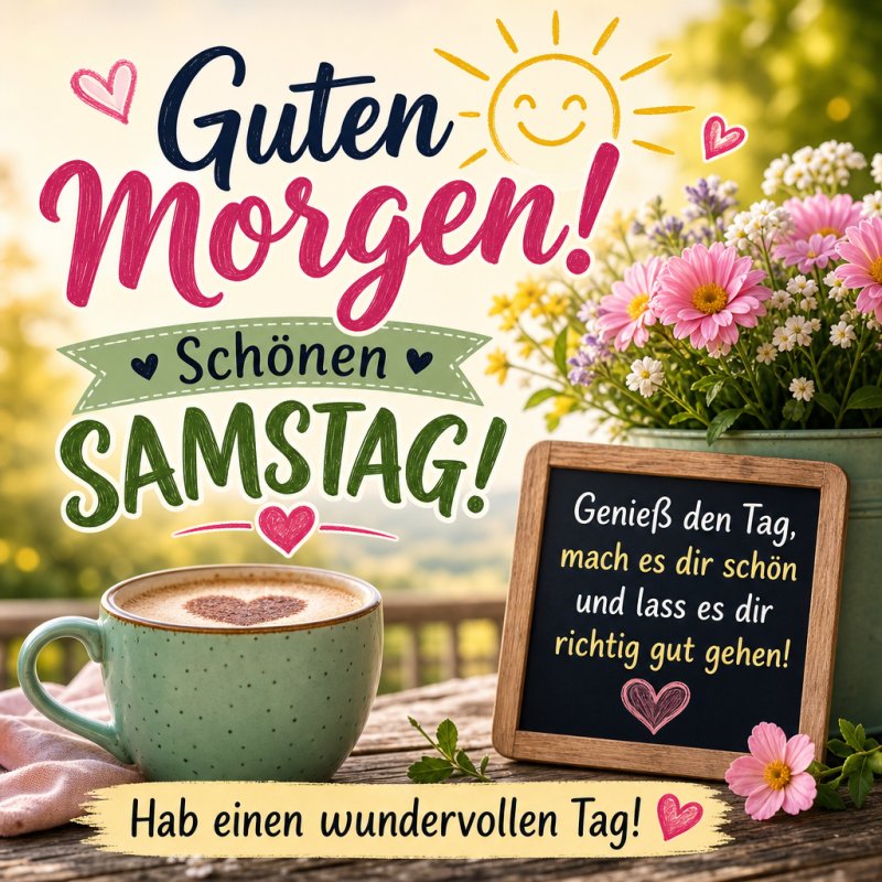 Eine fröhliche Guten-Morgen-Grußkarte mit einer Tasse Kaffee, einem Blumenstrauß und einem motivierenden Zitat auf einer Tafel für einen schönen Samstag.