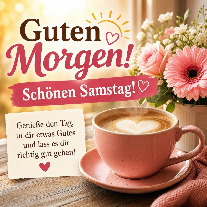 Ein herzerwärmender Guten-Morgen-Gruß mit einer rosa Tasse Cappuccino und blühenden Gerbera auf einem Tisch, begleitet von einem motivierenden Zitat.